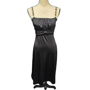 Vintage Y2K 90s Black Midi Dress Large Rhinestone Spaghetti Straps Slinky LBD